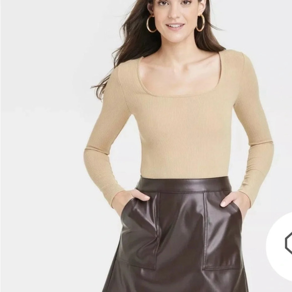 ✨3/$20✨ A New Day Tan Ribbed Long Sleeve Square Neck Bodysuit. NWT. Size XXL - Picture 1 of 13